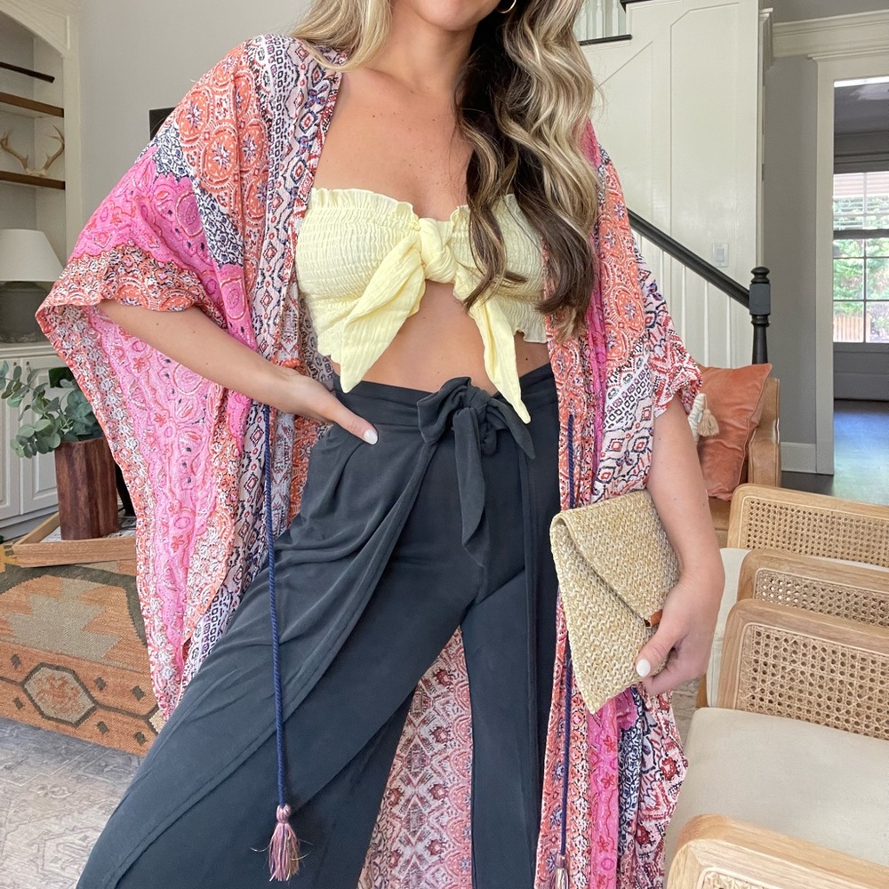 New kimono-TURKS + CAICOS PRINTED METALLIC DUSTER KIMONO - CORAL MULTI